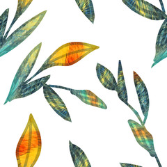 Floral illustration seamless pattern, colored leaves.