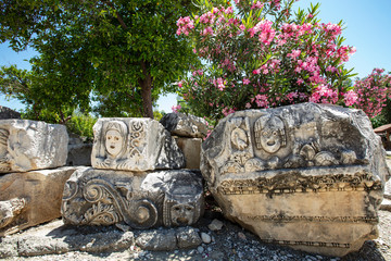 Archeological remains of the Lycian rock cut tombs in Myra, Turkey