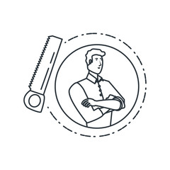 young strong man with saw tool