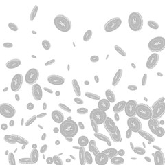 Chinese yuan coins falling. Scattered black and wh