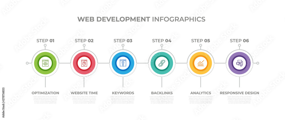 Poster modern design elements for web development concept multicolor infographics.timeline with 6 steps, op