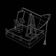 Oil well rig jack. Finance economy polygonal petrol production. Petroleum fuel industry pumpjack derricks pumping drilling. Wireframe low poly mesh vector illustration