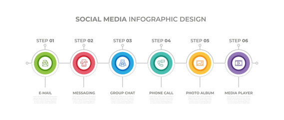 Modern design elements for Social Media concept Multicolor infographics.Timeline with 6 steps, options, Circles. Vector template