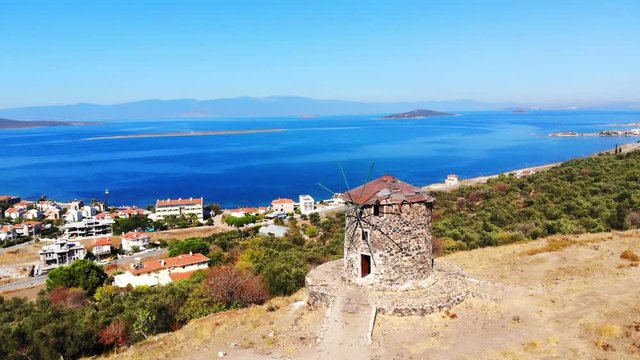 Aerial view of Stone windmill of Cunda Island, Ayvalik, Turkey. 