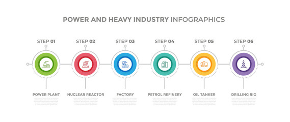 Modern design elements for Power And Heavy Industry concept Multicolor infographics.Timeline with 6 steps, options, Circles. Vector template