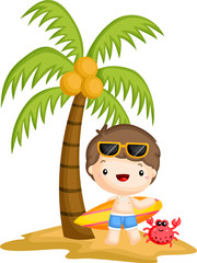 a vector of a surfer standing below a coconut tree
