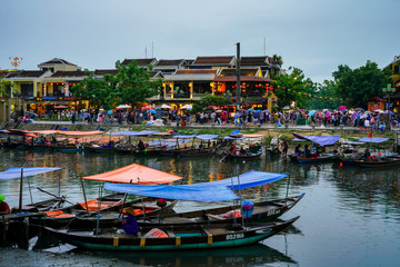 View of busy river in Hoi An, Vietnam. Hoi An is the World's Cultural heritage site, famous for mixed cultures and architecture.