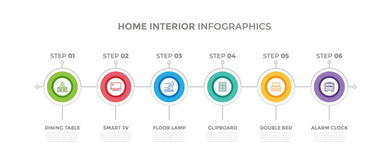 Modern design elements for Home Interior concept Multicolor infographics.Timeline with 6 steps, options, Circles. Vector template