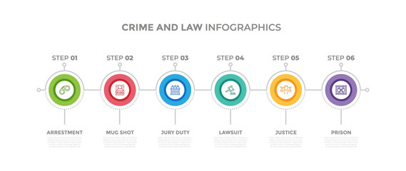 Modern design elements for Crime And Law concept Multicolor infographics.Timeline with 6 steps, options, Circles. Vector template
