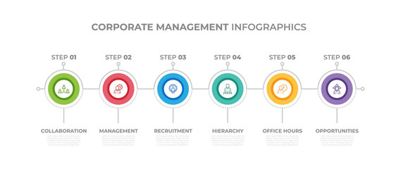 Modern design elements for Corporate Management concept Multicolor infographics.Timeline with 6 steps, options, Circles. Vector template