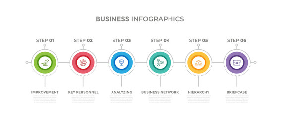 Modern design elements for Business concept Multicolor infographics.Timeline with 6 steps, options, Circles. Vector template