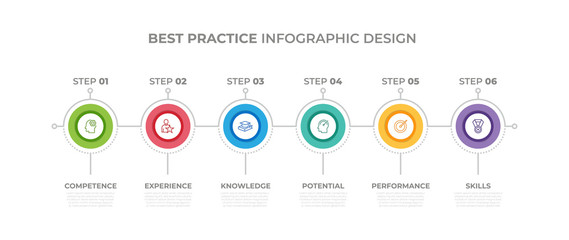 Modern design elements for Best Practice concept Multicolor infographics.Timeline with 6 steps, options, Circles. Vector template
