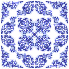 Azulejos - Portuguese Dutch and oriental tile in classical shades of blue colors Inherent similarly style arabesque. Baroque Vector mosaic. Rococo ornament