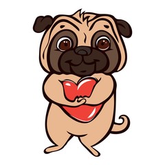 Pug red heart icon. Cartoon of pug red heart vector icon for web design isolated on white background
