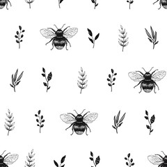 Hand drawn seamless pattern with leaves and Bees. Vector nature illustration in minimalistic style.