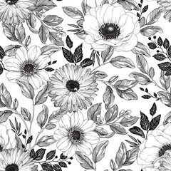 Hand drawn elegant pattern with flowers Anemone, Dahlia and Calendula, branches and foliage. Vector seamless background in vintage style.