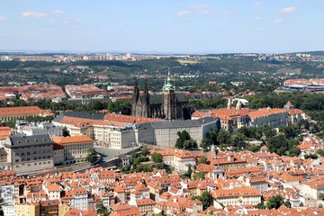 Obraz premium prague, praha, river, city, architecture, tower, czech, town, church, old, building, cityscape, cathedral, house, view, landmark, skyline, red, panoramic, 