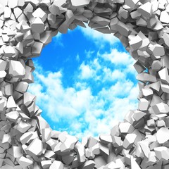 Сracked broken hole in white wall to cloudy sky