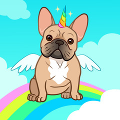 Unicorn french bulldog with horn and wings vector cartoon illustration. Cute bulldog puppy dog in the sky with rainbow and clouds. Humorous, magic, pets, mythical creatures, believe in yourself.