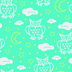Cute owls seamless pattern in simple style with ornaments. Can be printed and used as wrapping paper, wallpaper, textile, fabric, etc. Blue wallpaper.