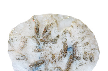 Small shavings pyrite mineral on calcite on white background