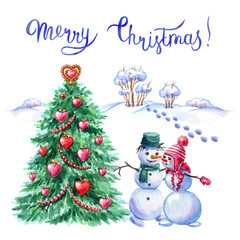 Christmas card with a pair of snowmen in love under the Christmas tree, decorated with hearts, and the words 
