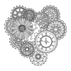 Beautiful background with heart in the style of steampunk. Black and white pattern for coloring book for kids and adults. Vector illustration.