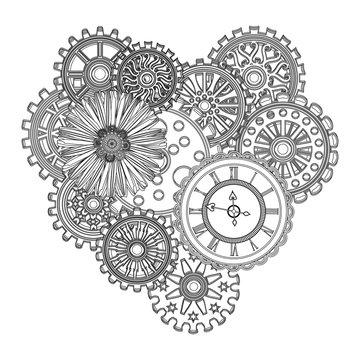 Beautiful background with heart in the style of steampunk. Black and white pattern for coloring book for kids and adults. Vector illustration.