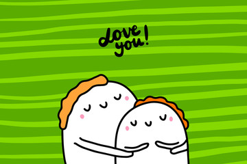 Love you hand drawn vector illustration in cartoon style with happy couple, textured background, vibrant colors, valentine's day card
