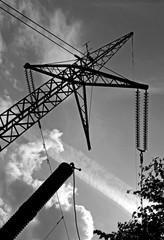 Power Lines: Dead-end-tower of the overhead high-voltage direct-current transmission line at the substation of Konti-Skan 1 and 2 in Oesterby on the Danish Kattegat island of Laesoe