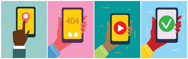 Set of illustrations of hand holding smartphone with new message on screen. Chat, email messaging, sms, mobile concepts for web sites, web banners in modern flat design