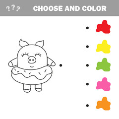 Funny pig with donut. Coloring book drawing game