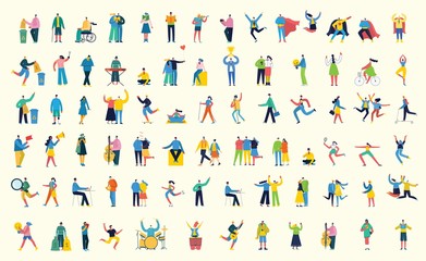 Fototapeta na wymiar Vector illustration in a flat style of different activities people with smarthones, travelling, dancing, walking, doing business, reading books, playing musical instruments