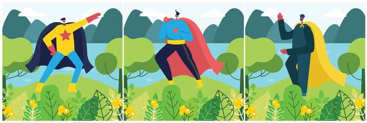 Save the planet. Vector illustration in flat design of men superhero in funny comics costume in the park, near the lake. © virinaflora