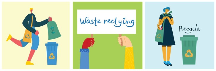 Set of flat design concept of Waste recycle and save the planet ecology, think green. People is engaged in recycling garbage. Vector illustration in the flat style.