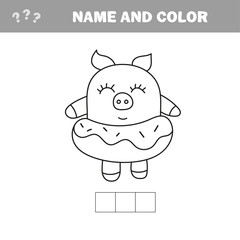 Funny pig with donut. Coloring book drawing game