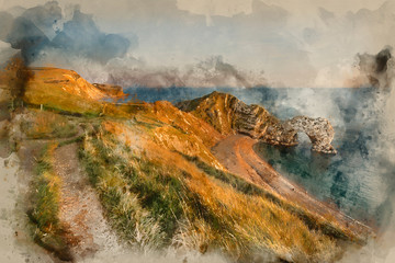 Obraz na płótnie Canvas Digital watercolour painting of Beautiful sunset landscape image of Durdle Door