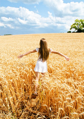 Portrait of smiling cute little girl child running through field of wheat © svetamart