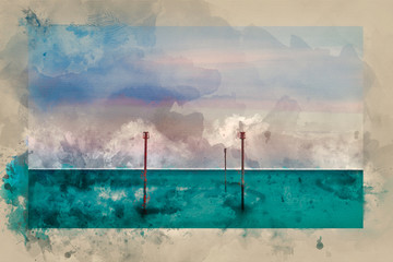 Digital watercolour painting of Stunning vibrant conceptual image of posts in sea standing sentinel