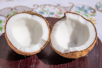 Organic fresh coconut with strawberry on wooden support.  Healthy concept and Spa Concept.