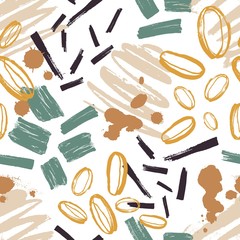 Abstract seamless pattern with paint marks, traces, smudges, scribble on white background. Modern vector illustration in rough grunge style for wrapping paper, wallpaper, textile print, wallpaper.