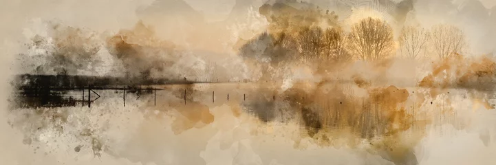 Gordijnen Digitaal waterverfschilderij van Panoramalandschap van meer in mist met zonnegloed bij zonsopgang © veneratio