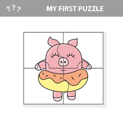 Cartoon Vector Illustration of Education Jigsaw Puzzle Game for Preschool Children with Funny Pig Farm Animal