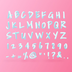 Trendy 3d alphabet set, bold modern pink and blue font with uppercase letters and symbols, creative vector typography