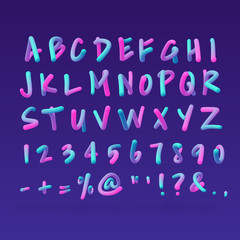 Trendy 3d alphabet set, bold neon modern pink and blue font with uppercase letters and symbols, creative vector typography