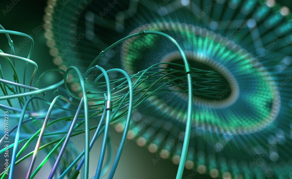 Poster Big data. Computer wires on neural network with a shallow depth of field. 3D illustration of global artificial intelligence database. Optical fiber and virtual reality