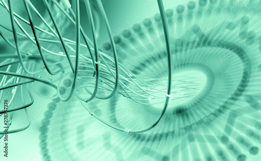 Aufkleber Big data. Computer wires on neural network with a shallow depth of field. 3D illustration of global artificial intelligence database. Optical fiber and virtual reality