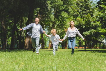 Obraz premium excited family holding hands and running in park during daytime