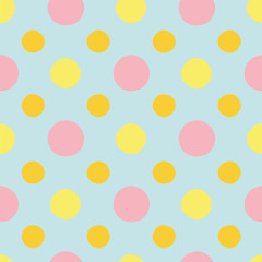 Blue vector repeat pattern with yellow and pink polka dots. Pastel colors. Perfect for paper and textile projects. Surface pattern design.