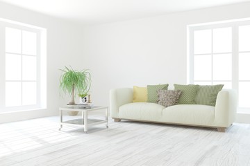 Stylish room in white color with sofa. Scandinavian interior design. 3D illustration